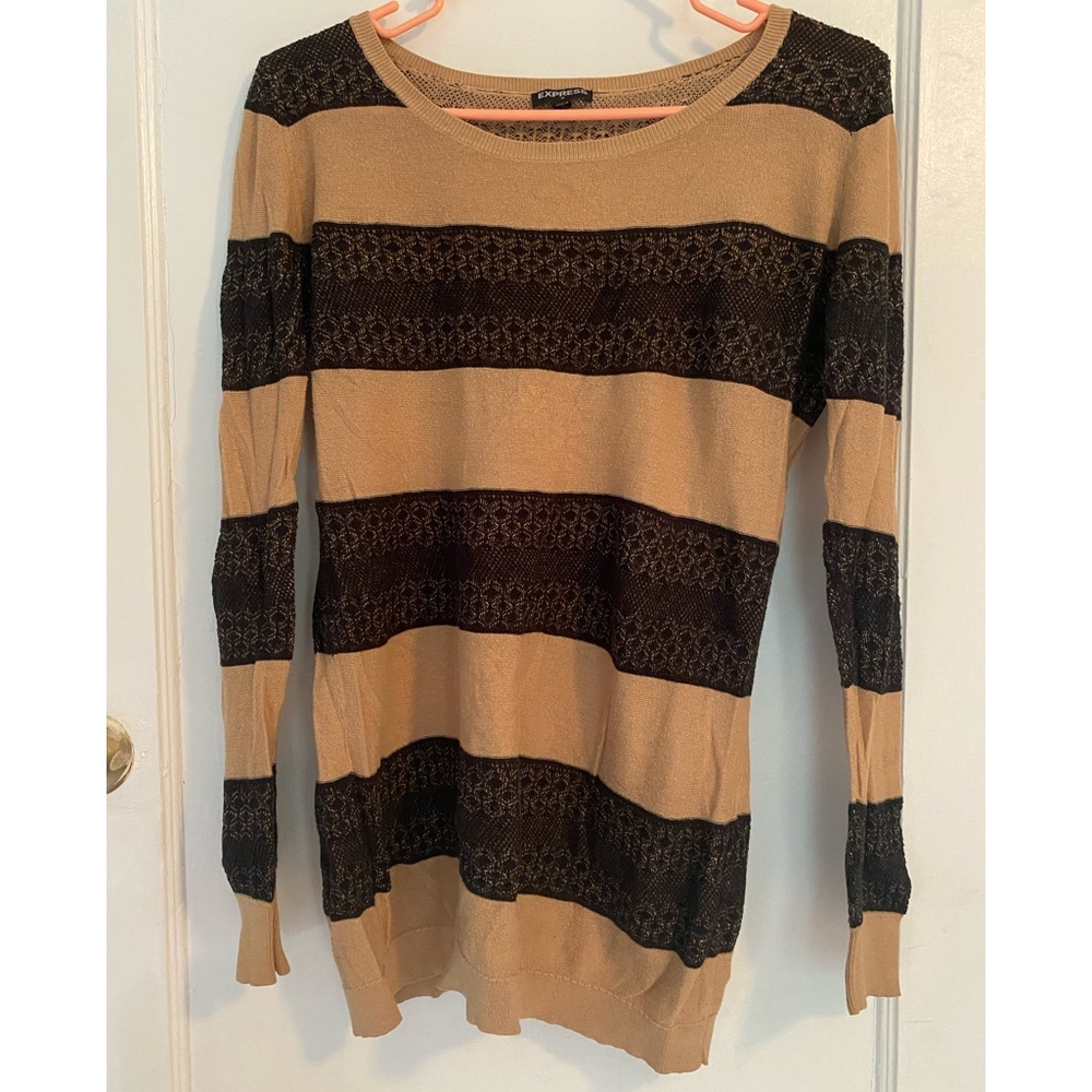 Tan & Black Striped Thin Express Sweater Top, Size M